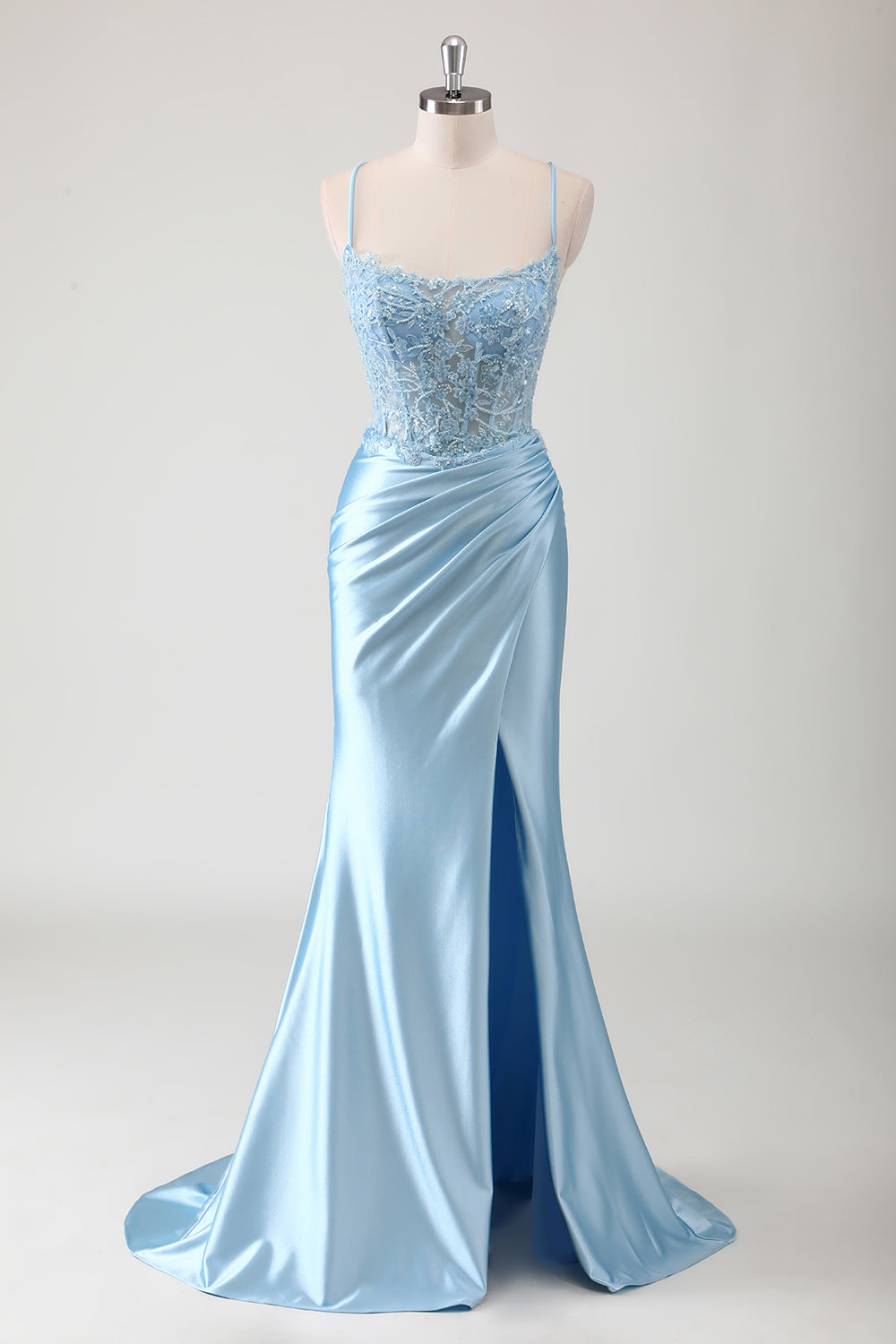 Mermaid Spaghetti Straps Corset Appliqued Blue Long Prom Dress with Slit