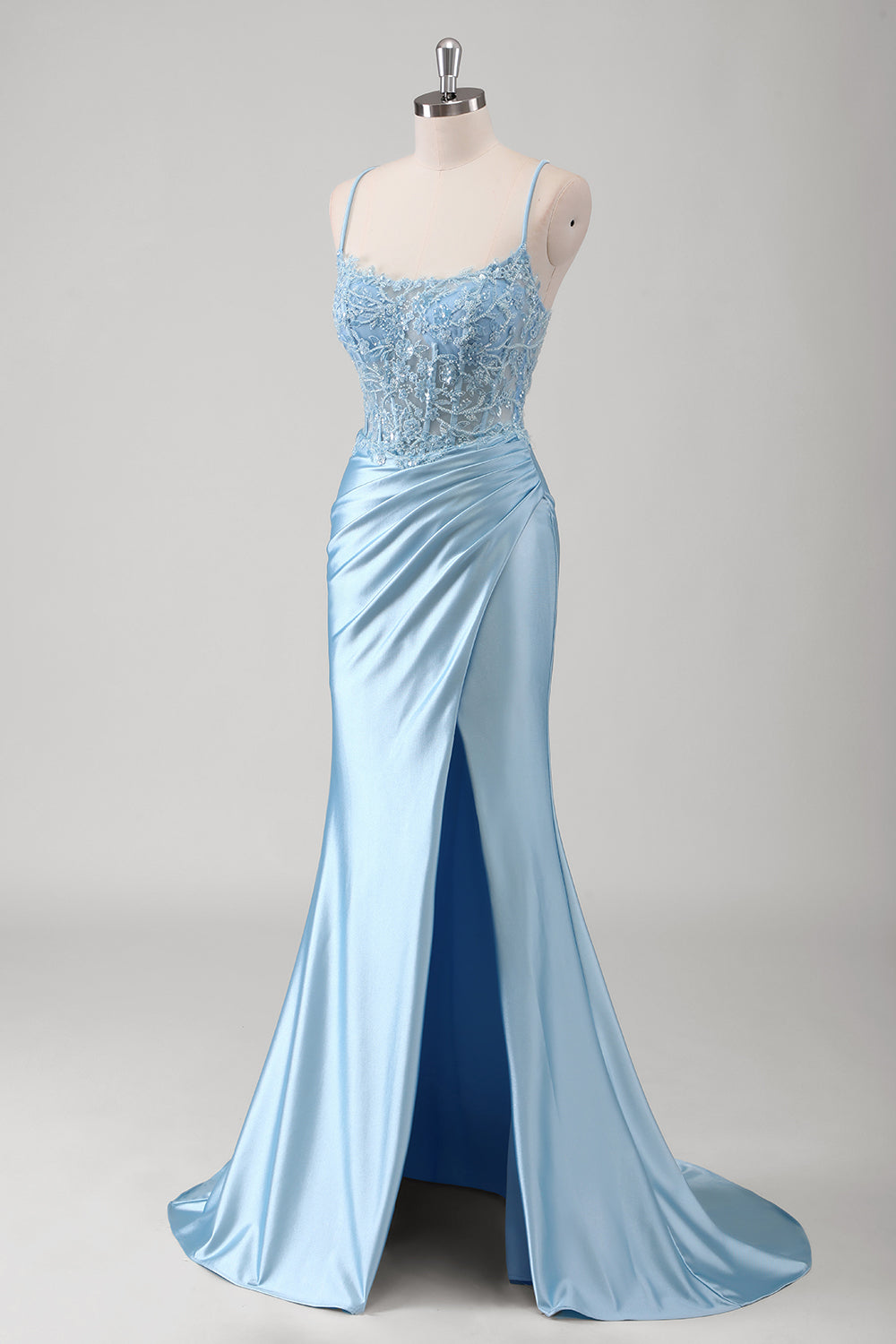 Mermaid Spaghetti Straps Corset Appliqued Blue Long Prom Dress with Slit