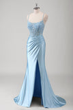 Mermaid Spaghetti Straps Corset Appliqued Blue Long Prom Dress with Slit
