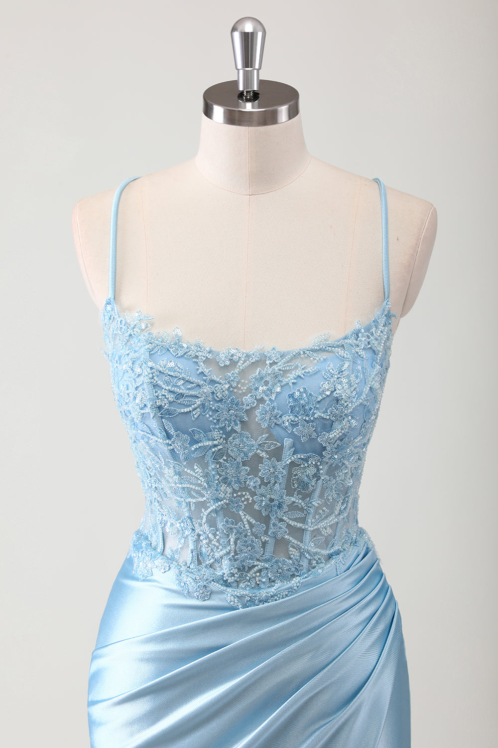 Mermaid Spaghetti Straps Corset Appliqued Blue Long Prom Dress with Slit