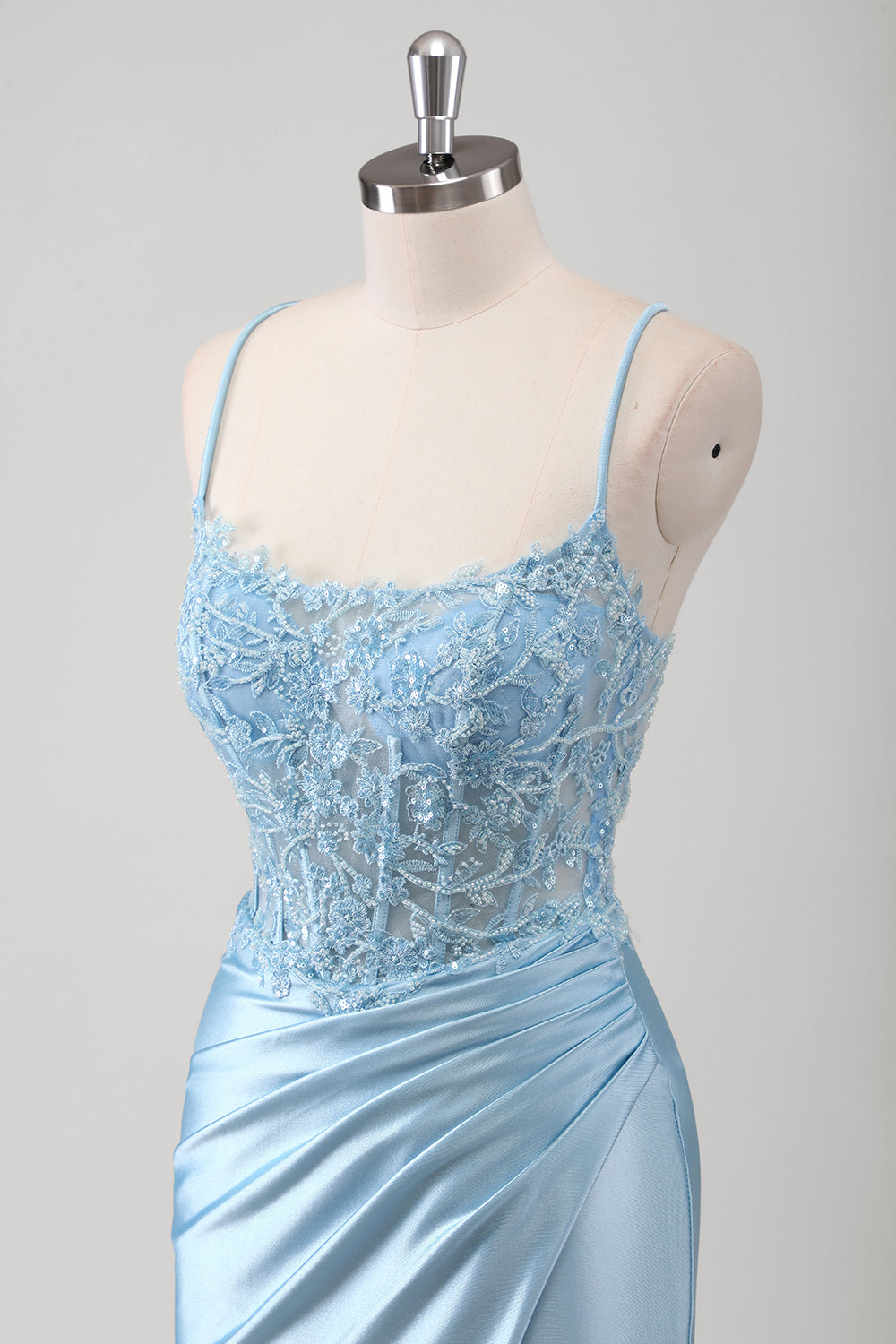 Mermaid Spaghetti Straps Corset Appliqued Blue Long Prom Dress with Slit