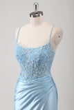 Mermaid Spaghetti Straps Corset Appliqued Blue Long Prom Dress with Slit