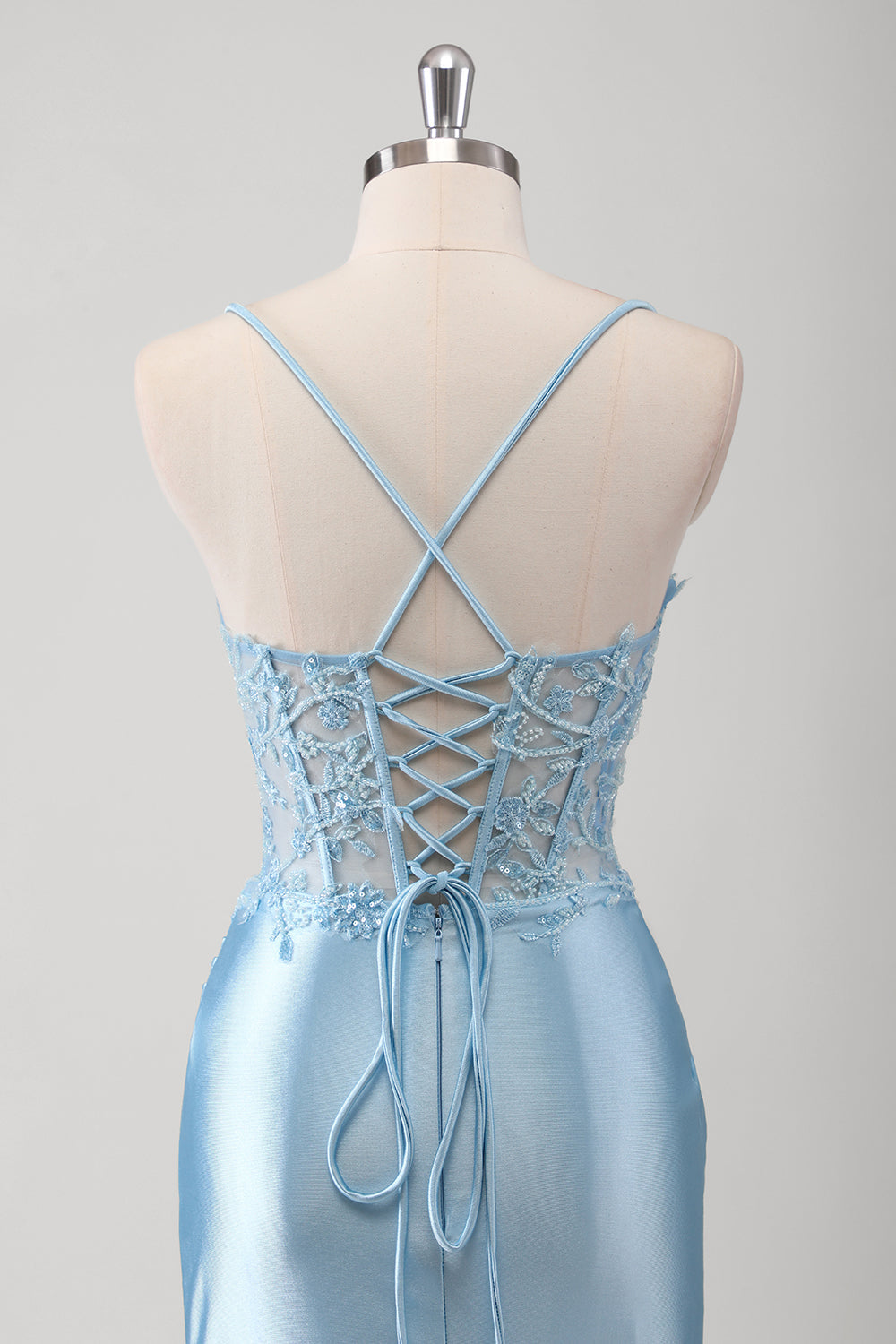 Mermaid Spaghetti Straps Corset Appliqued Blue Long Prom Dress with Slit