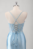 Mermaid Spaghetti Straps Corset Appliqued Blue Long Prom Dress with Slit