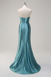 Royal Blue Mermaid Strapless Corset Sequin Long Prom Dress with Slit