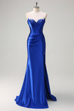 Royal Blue Mermaid Strapless Corset Sequin Long Prom Dress with Slit