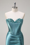 Royal Blue Mermaid Strapless Corset Sequin Long Prom Dress with Slit