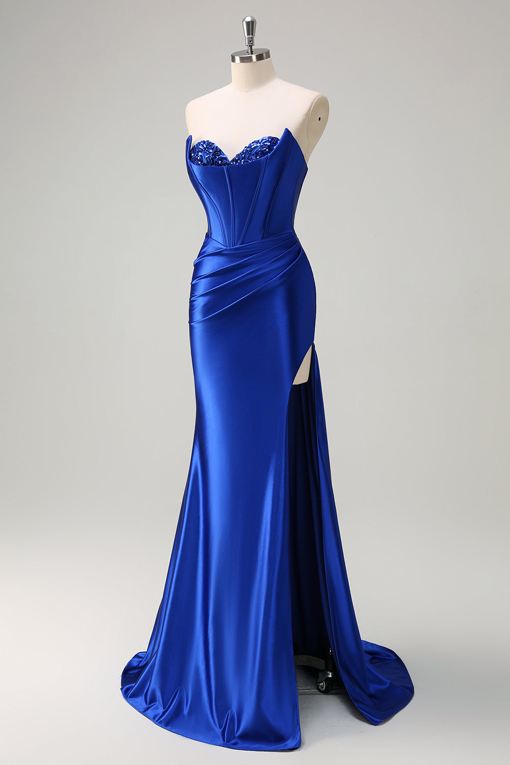 Royal Blue Mermaid Strapless Corset Sequin Long Prom Dress with Slit
