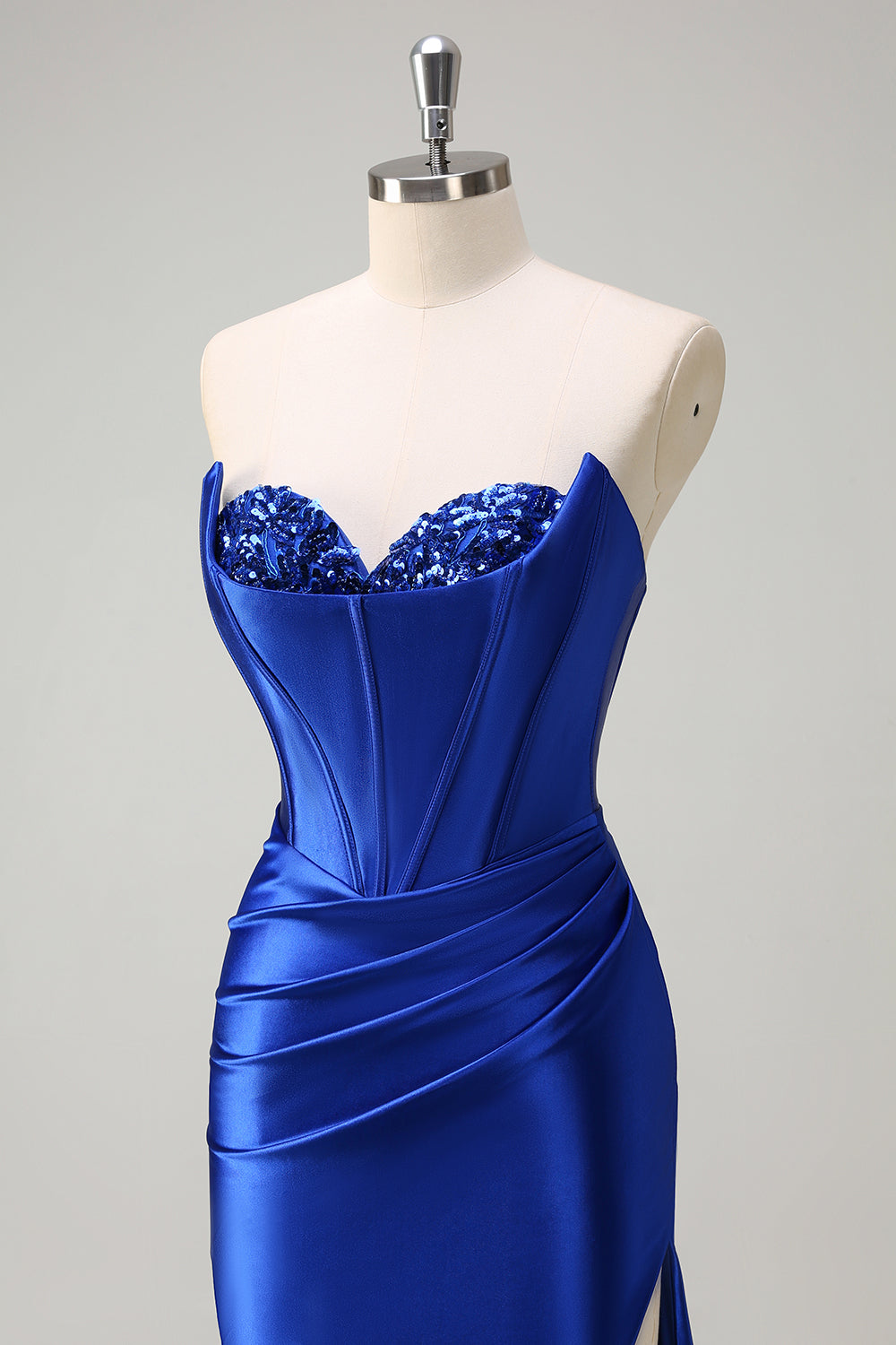 Royal Blue Mermaid Strapless Corset Sequin Long Prom Dress with Slit