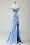 Mermaid Off The Shoulder Corset Sky Blue Long Prom Dress With Slit