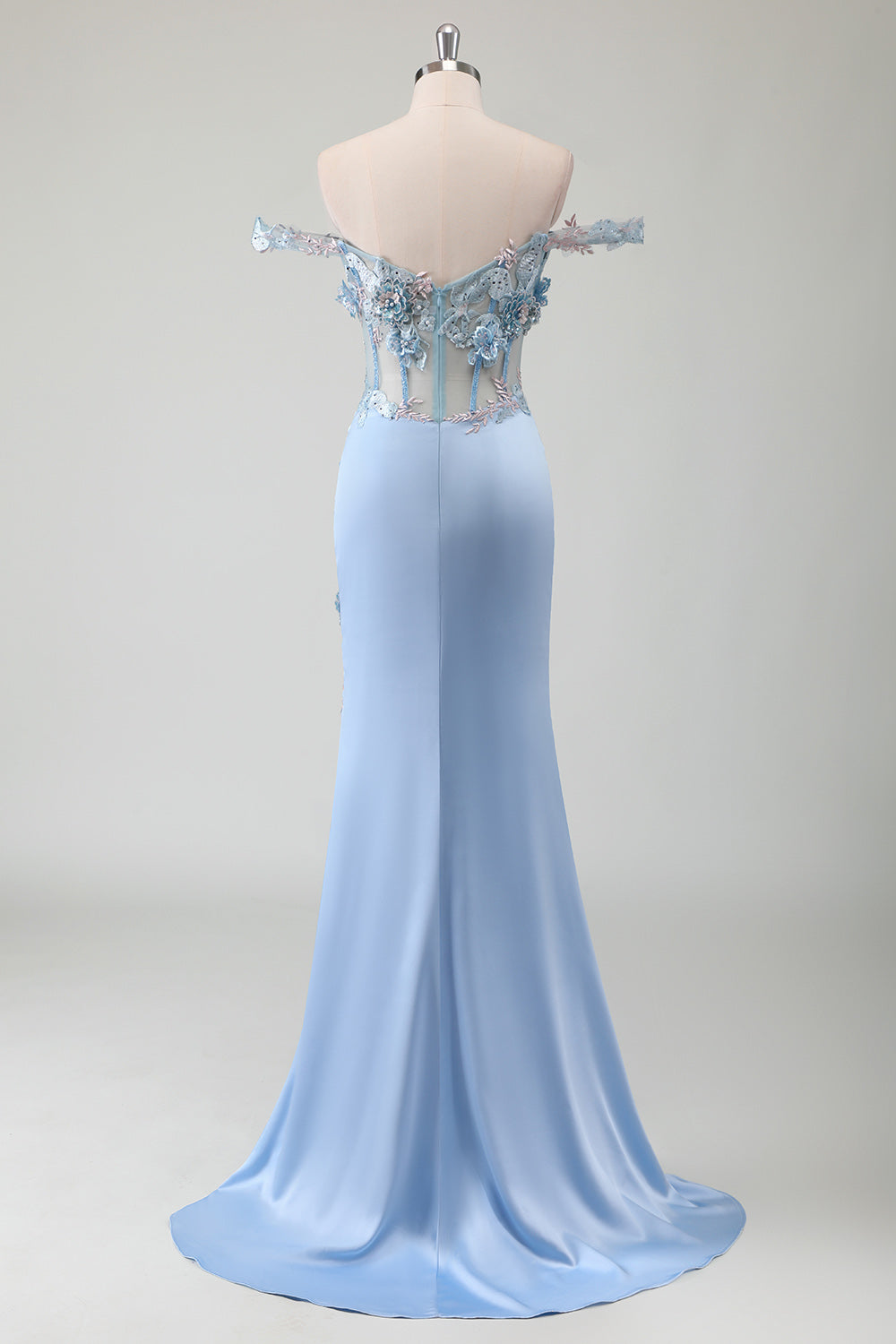 Mermaid Off The Shoulder Corset Sky Blue Long Prom Dress With Slit