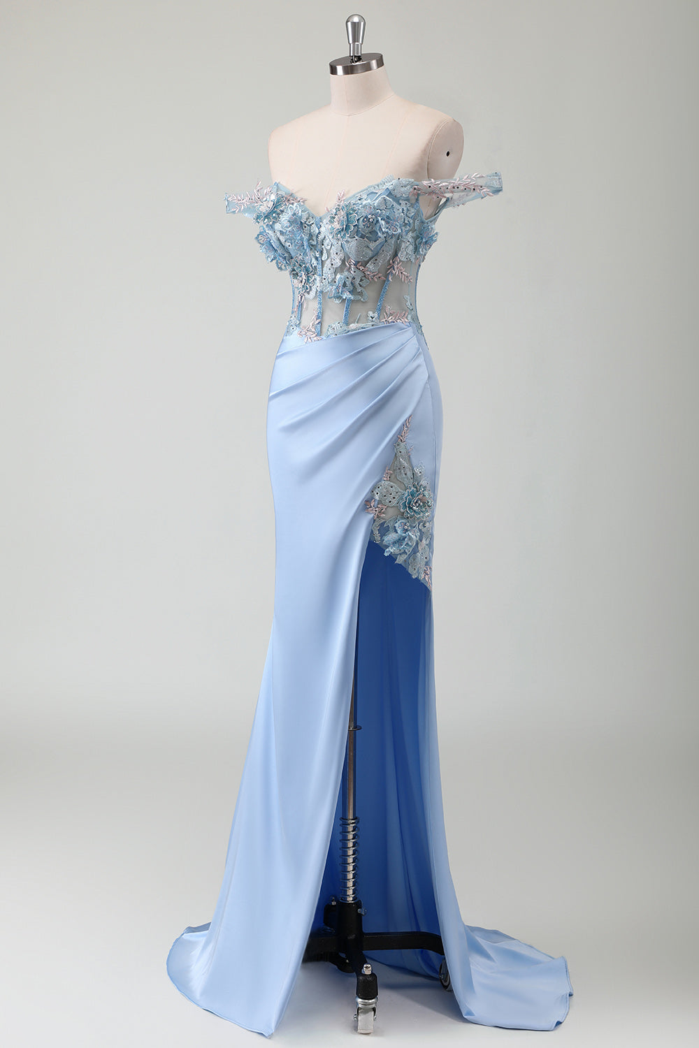Mermaid Off The Shoulder Corset Sky Blue Long Prom Dress With Slit