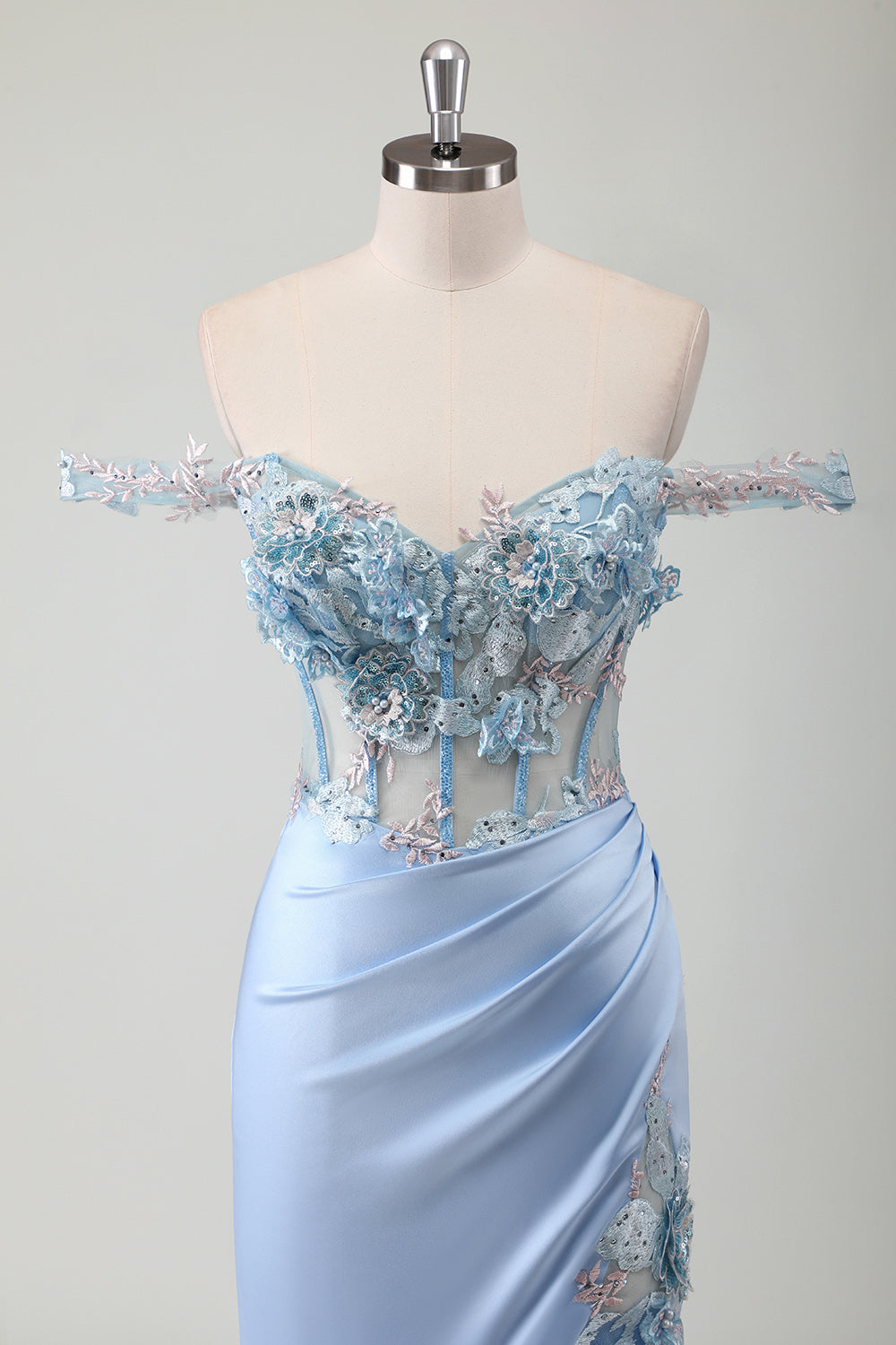 Mermaid Off The Shoulder Corset Sky Blue Long Prom Dress With Slit