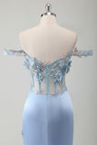 Mermaid Off The Shoulder Corset Sky Blue Long Prom Dress With Slit