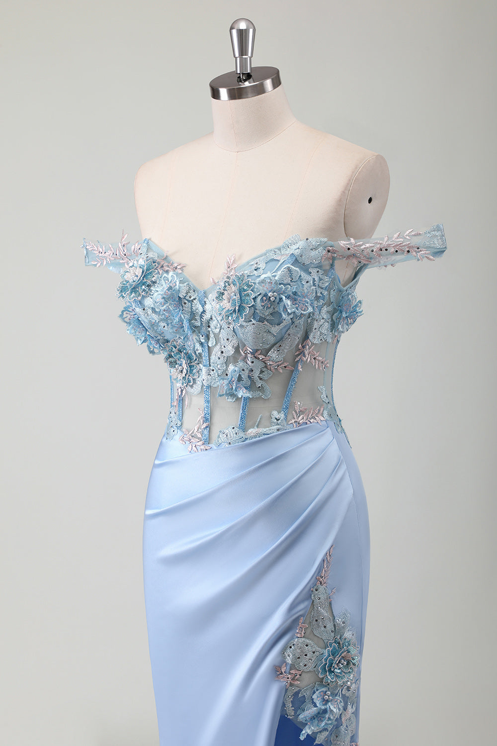 Mermaid Off The Shoulder Corset Sky Blue Long Prom Dress With Slit