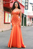 Orange Mermaid Spaghetti Straps Corset Beaded Long Prom Dress