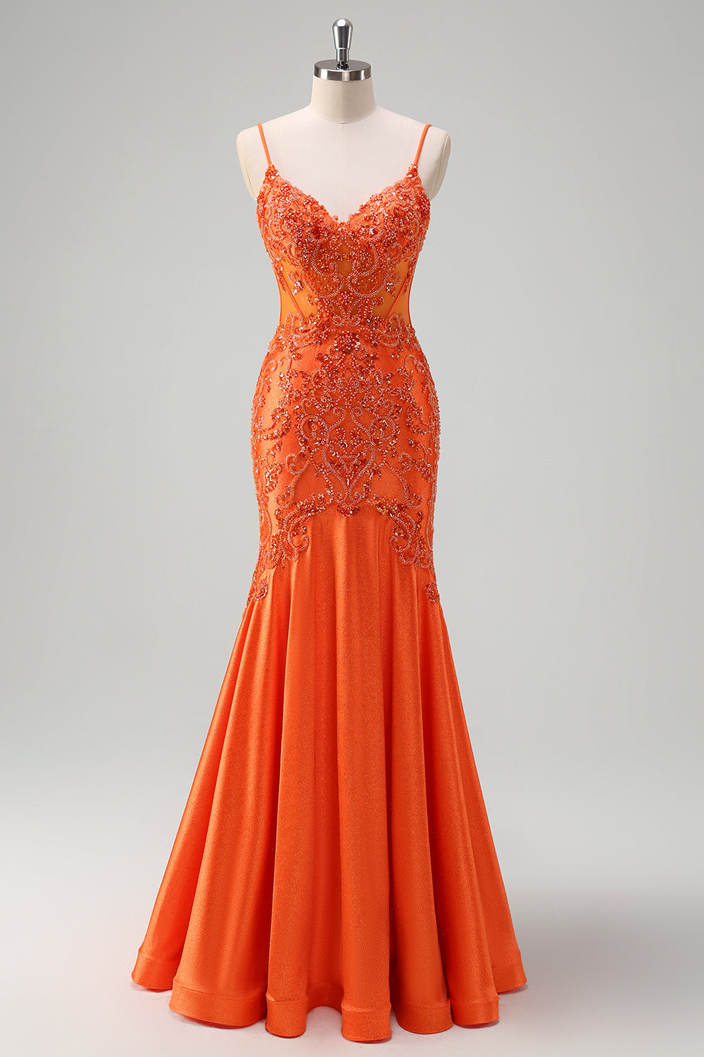 Orange Mermaid Spaghetti Straps Corset Beaded Long Prom Dress