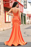Orange Mermaid Spaghetti Straps Corset Beaded Long Prom Dress