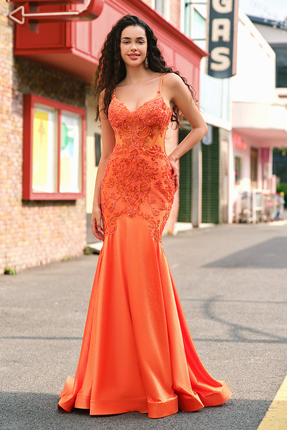 Orange Mermaid Spaghetti Straps Corset Beaded Long Prom Dress