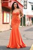 Orange Mermaid Spaghetti Straps Corset Beaded Long Prom Dress