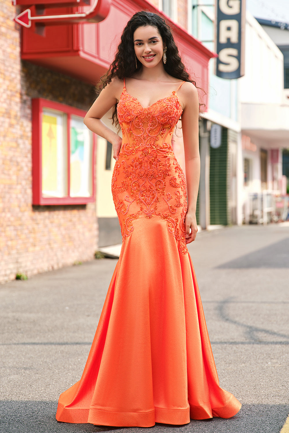 Orange Mermaid Spaghetti Straps Corset Beaded Long Prom Dress
