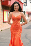 Orange Mermaid Spaghetti Straps Corset Beaded Long Prom Dress