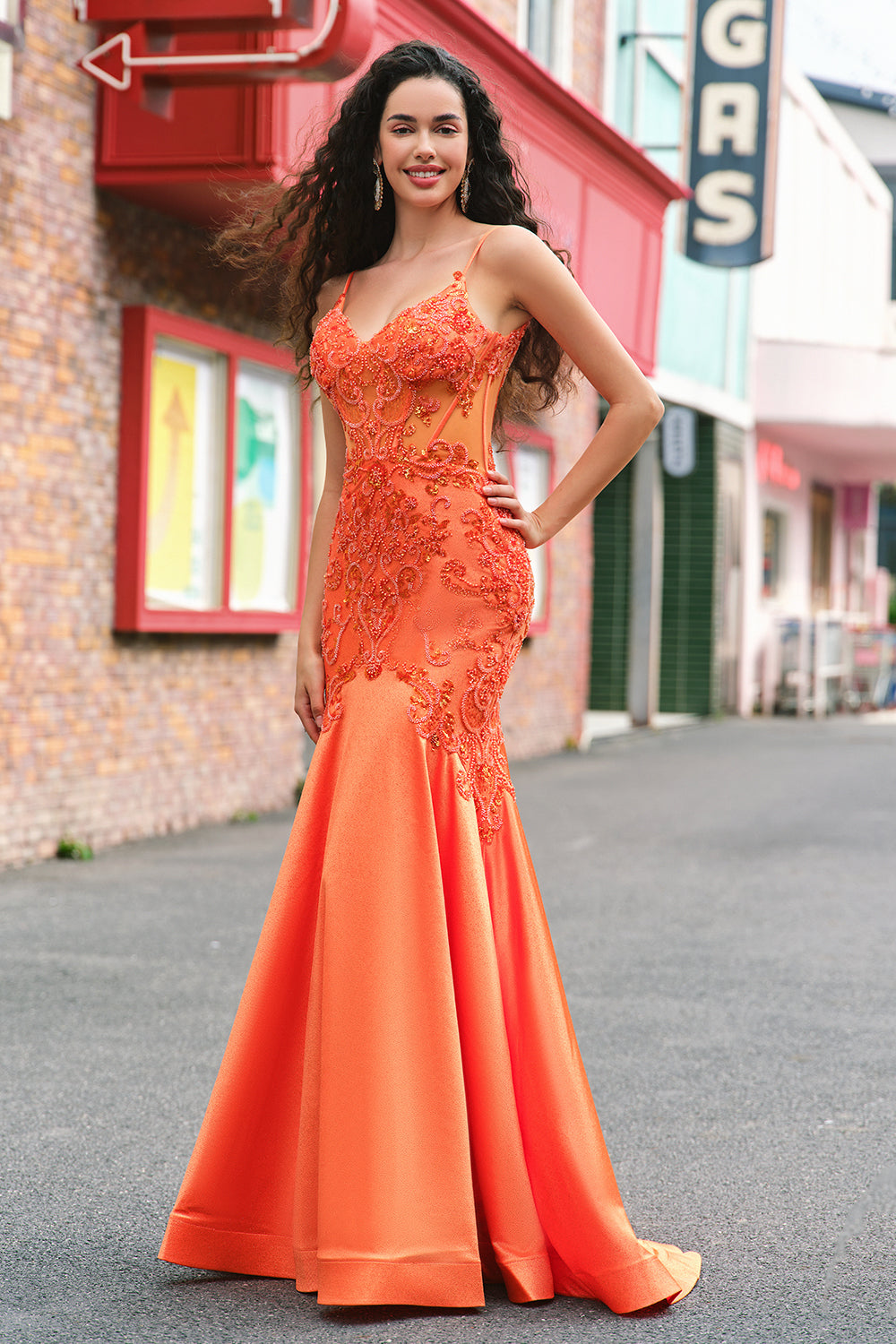 Orange Mermaid Spaghetti Straps Corset Beaded Long Prom Dress