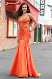Orange Mermaid Spaghetti Straps Corset Beaded Long Prom Dress
