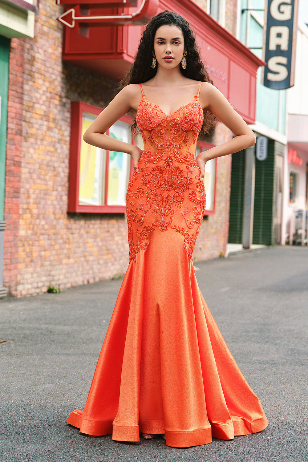 Orange Mermaid Spaghetti Straps Corset Beaded Long Prom Dress