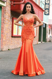 Orange Mermaid Spaghetti Straps Corset Beaded Long Prom Dress