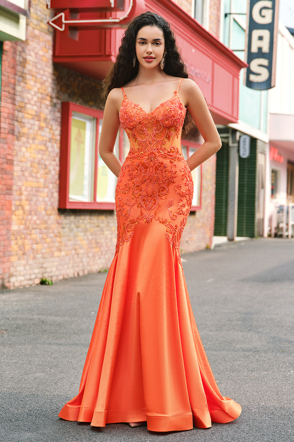 Orange Mermaid Spaghetti Straps Corset Beaded Long Prom Dress