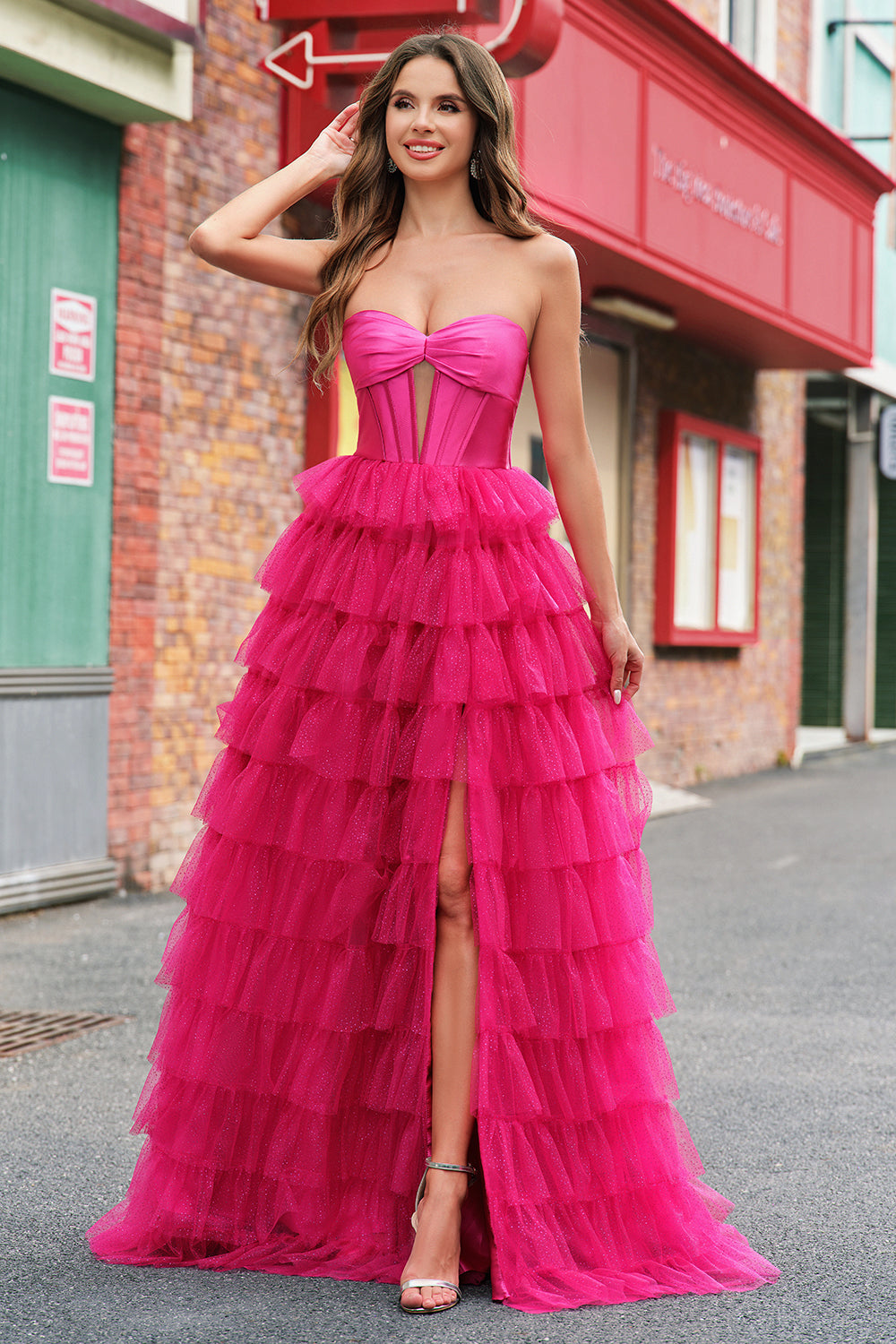 Cute Princess Fuchsia Sweetheart Keyhole Tiered Tulle Long Prom Dresses with Slit