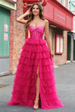 Cute Princess Fuchsia Sweetheart Keyhole Tiered Tulle Long Prom Dresses with Slit