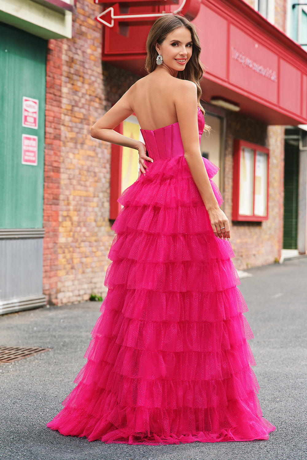 Cute Princess Fuchsia Sweetheart Keyhole Tiered Tulle Long Prom Dresses with Slit