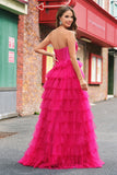 Cute Princess Fuchsia Sweetheart Keyhole Tiered Tulle Long Prom Dresses with Slit