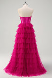 Cute Princess Fuchsia Sweetheart Keyhole Tiered Tulle Long Prom Dresses with Slit