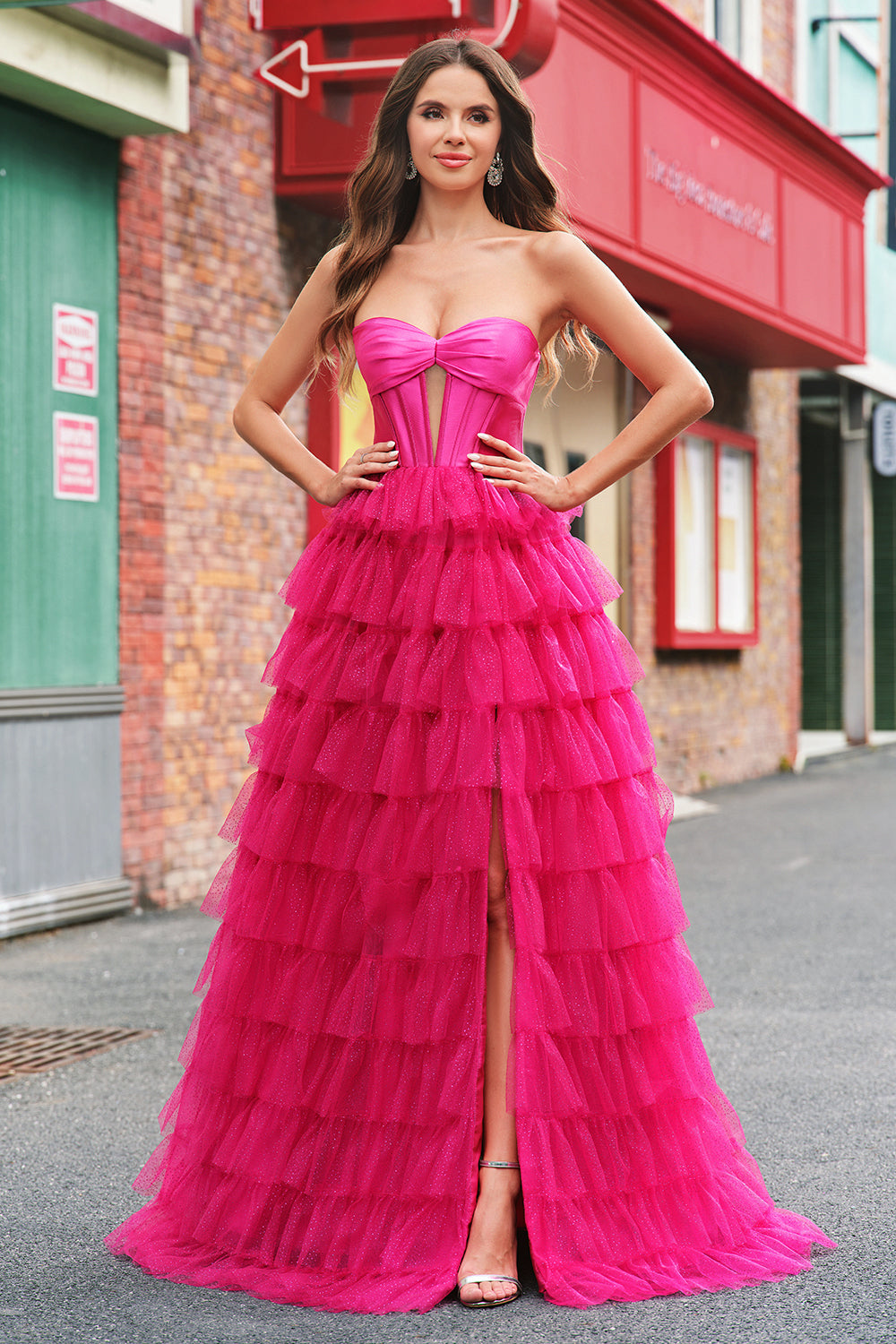 Fuchsia Princess Strapless Cut Out Tiered Tulle Long Prom Dresses