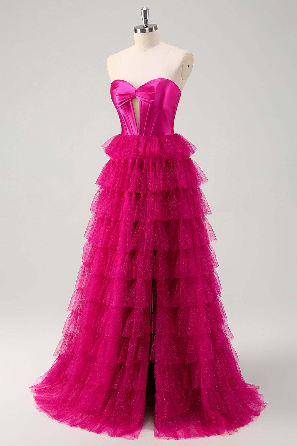 Cute Princess Fuchsia Sweetheart Keyhole Tiered Tulle Long Prom Dresses with Slit