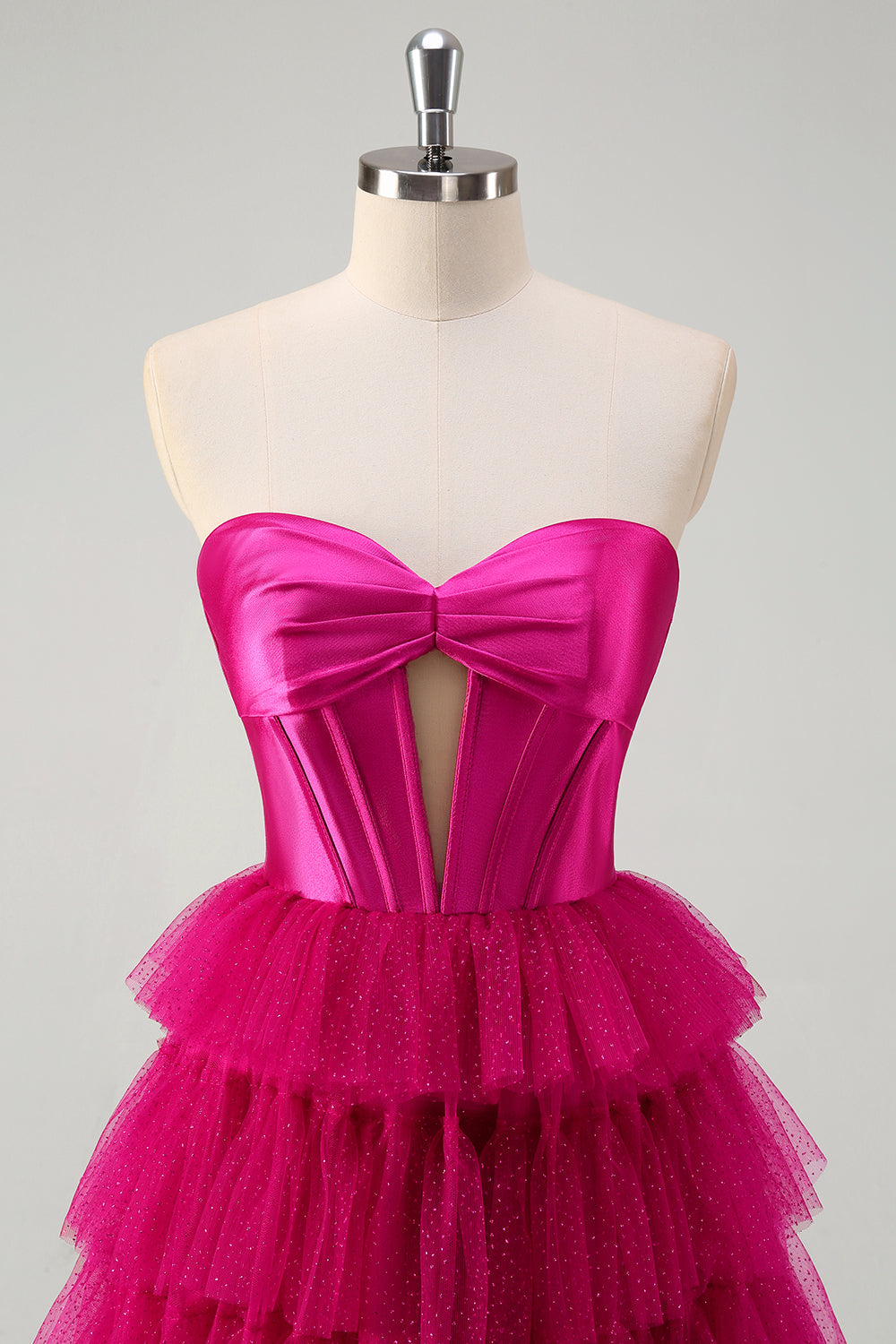 Cute Princess Fuchsia Sweetheart Keyhole Tiered Tulle Long Prom Dresses with Slit