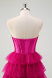 Cute Princess Fuchsia Sweetheart Keyhole Tiered Tulle Long Prom Dresses with Slit