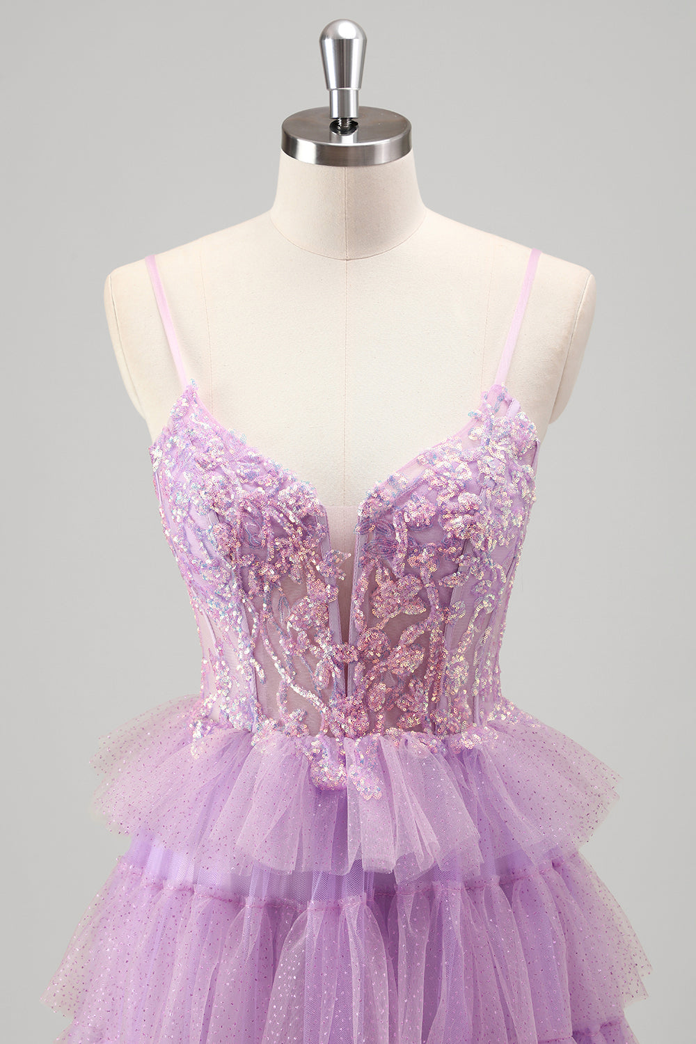 Glitter A Line Tiered Lilac Sequins Prom Dress with Slit