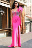 Fuchsia Mermaid One Shoulder Removable Ruffles Long Prom Dress with Slit