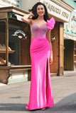 Fuchsia Mermaid One Shoulder Removable Ruffles Long Prom Dress with Slit