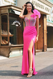 Fuchsia Mermaid One Shoulder Removable Ruffles Long Prom Dress with Slit