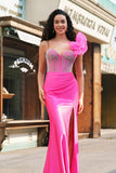 Fuchsia Mermaid One Shoulder Removable Ruffles Long Prom Dress with Slit