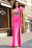 Fuchsia Mermaid One Shoulder Removable Ruffles Long Prom Dress with Slit