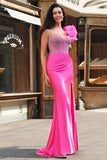 Fuchsia Mermaid One Shoulder Removable Ruffles Long Prom Dress with Slit