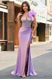Fuchsia Mermaid One Shoulder Removable Ruffles Long Prom Dress with Slit