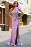 Fuchsia Mermaid One Shoulder Removable Ruffles Long Prom Dress with Slit