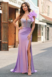 Fuchsia Mermaid One Shoulder Removable Ruffles Long Prom Dress with Slit